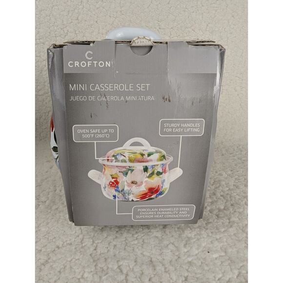 Crofton Mini Porcelain Enamel Casserole FLORAL WHITE 1 Quart 4pc Set NOS - Picture 5 of 5